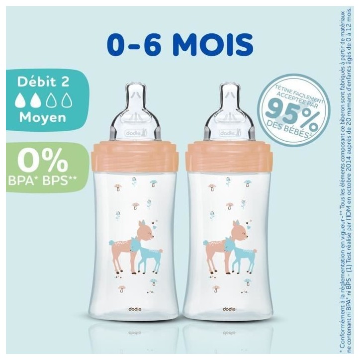 Lot de 3 Biberons DODIE Anti-Colique Sensation+ - Verre - 270ml - 0-6 Mois - Tétine plate - Débit 2 Lot de 3 Biberons DODIE Anti-Colique Sensation+ - Verre - 270ml - 0-6 Mois - Tétine plate - Débit 2