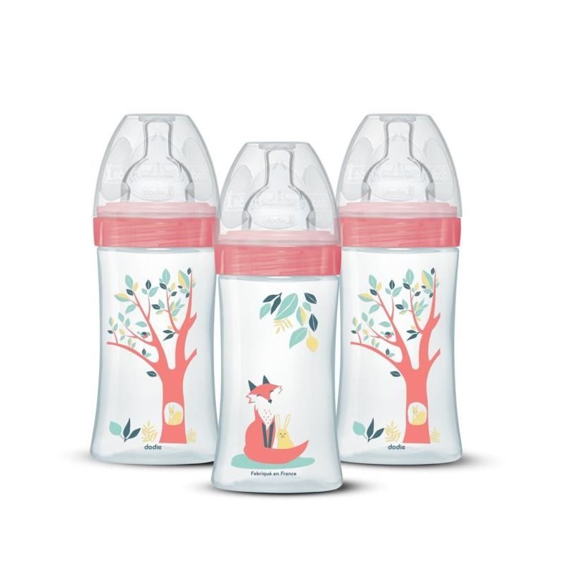 Lot de 3 biberons - DODIE - EB20 - 270 ml - Tétine plate - Rose
