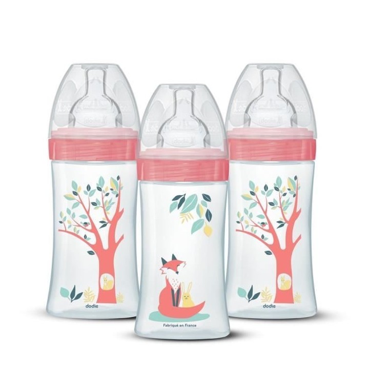 Lot de 3 biberons - DODIE - EB20 - 270 ml - Tétine plate - Rose