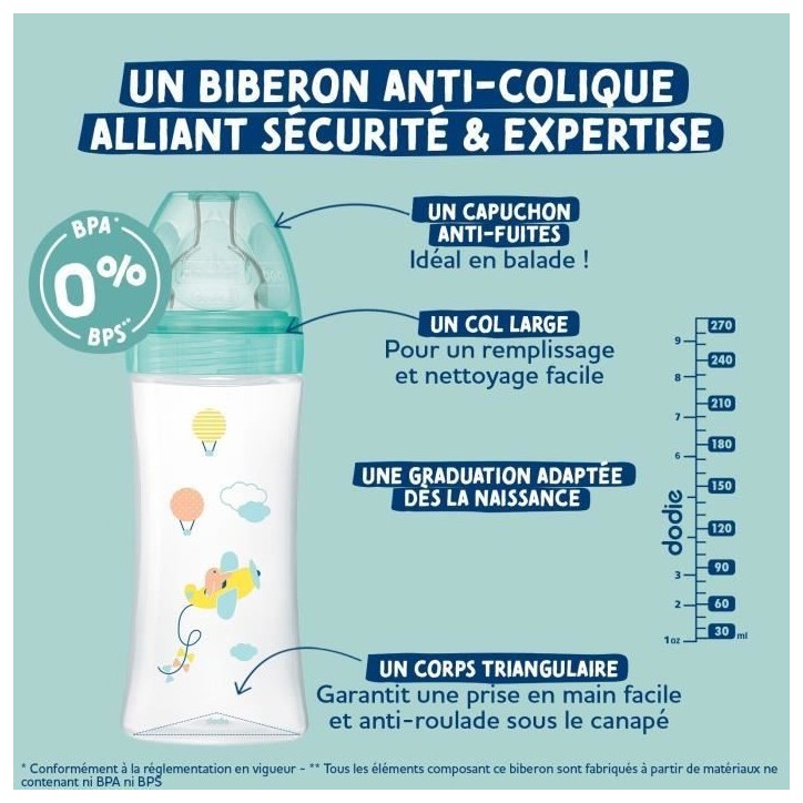 Lot de 3 biberons - DODIE - EB20 - 270 ml - Tétine plate - Rose