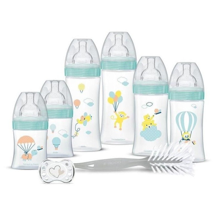 Dodie Kit Naissance - 6 Biberons Anti-Colique Tétines Plates, 1 Sucette Anatomique 0-2 Mois, 1 Goupillon - Sans BPA - Vert