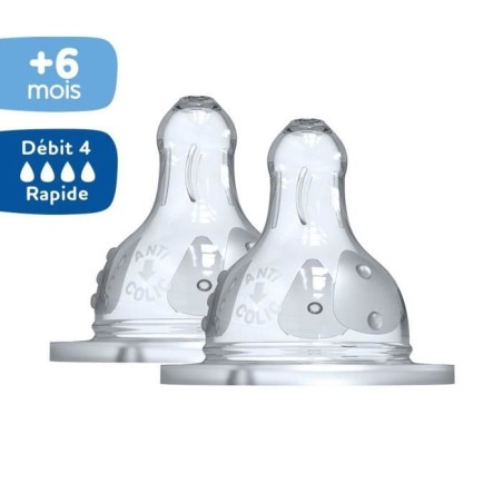 Dodie Biberon Initiation+ Anti-Coliques 3 Vitesses Tétine Ronde Col Large Débit 4 +6m 2 tétines
