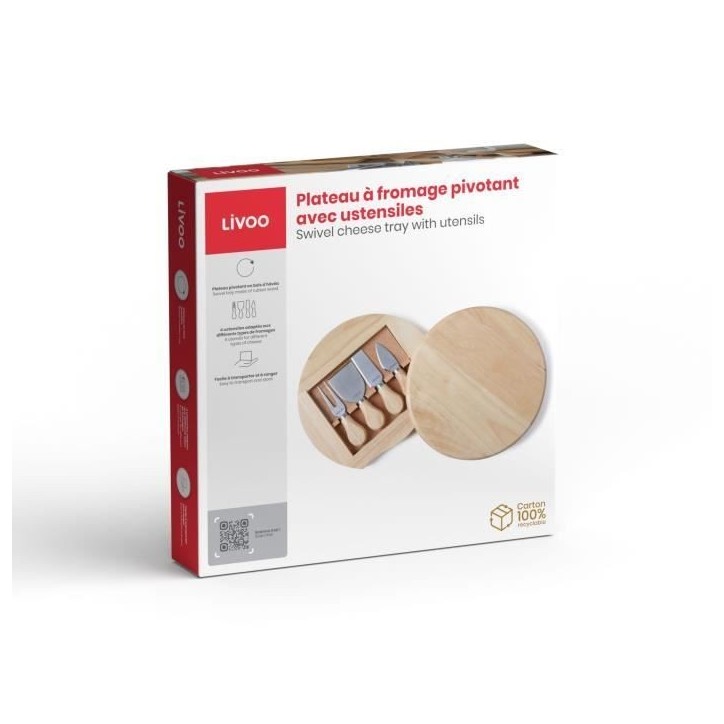 Plateau a fromage - LIVOO - MEN28 - En hévéa - Plateau pivotant - Avec 4 ustensiles Plateau a fromage - LIVOO - MEN28 - En hévéa - Plateau pivotant - Avec 4 ustensiles
