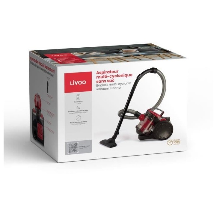 Aspirateur Multi-cyclonique sans sac - LIVOO DOH105R - 700 W - 2 L - 78 dB - Filtre lavable - Embout 2 en 1 - Rouge / Noir Aspirateur Multi-cyclonique sans sac - LIVOO DOH105R - 700 W - 2 L - 78 dB - Filtre lavable - Embout 2 en 1 - Rouge / Noir