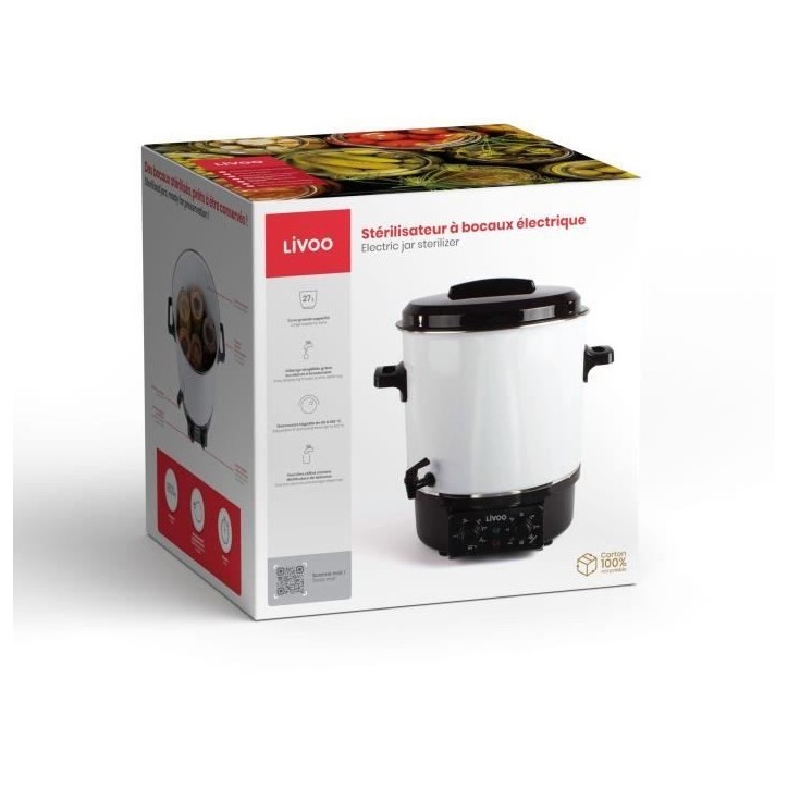 Stérilisateur a bocaux électrique - LIVOO - DOM334 - 1800W - 27L - Ø35 cm - Thermostat réglable et minuterie - Cuve acier é