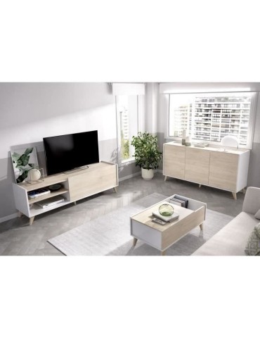 Ensemble meuble TV table basse buffet NESS - Mélaminé - Style scandinave - Chene et blanc
