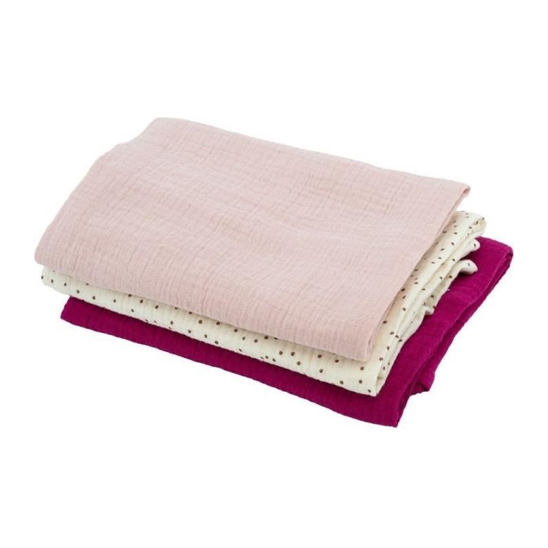 Lot de 3 langes Bambou - DOMIVA - 1 Imprimé + 2 Uni - Rose grenadine