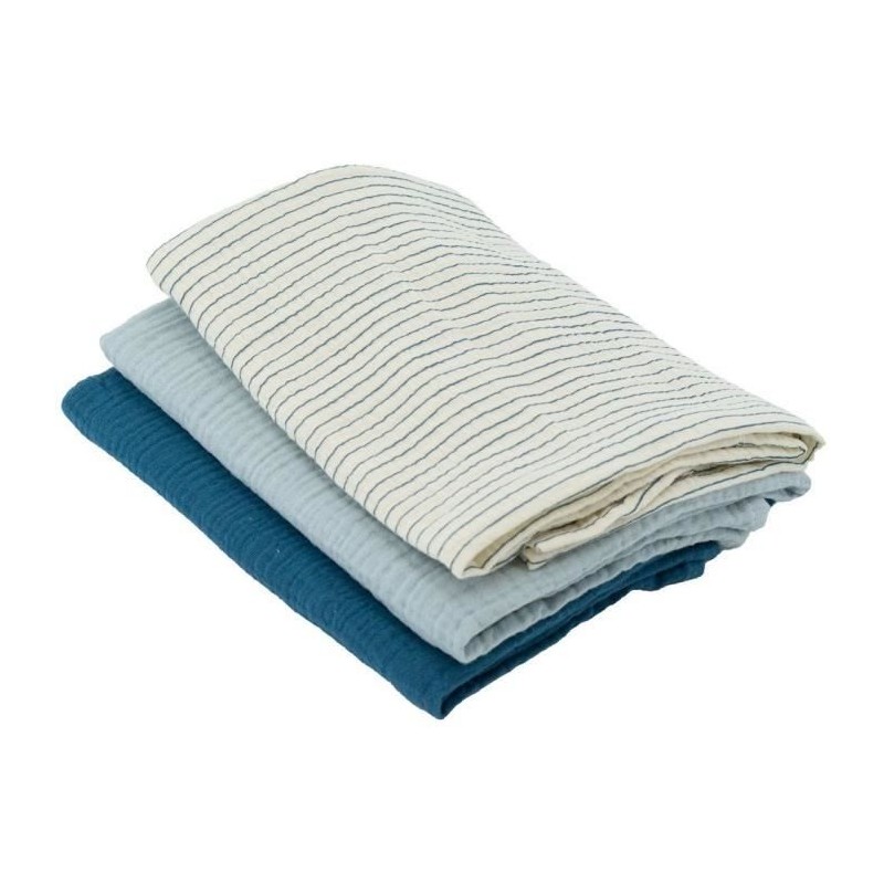 Lot de 3 langes Bambou - DOMIVA - 1 Imprimé + 2 Uni - Bleu indigo - 6