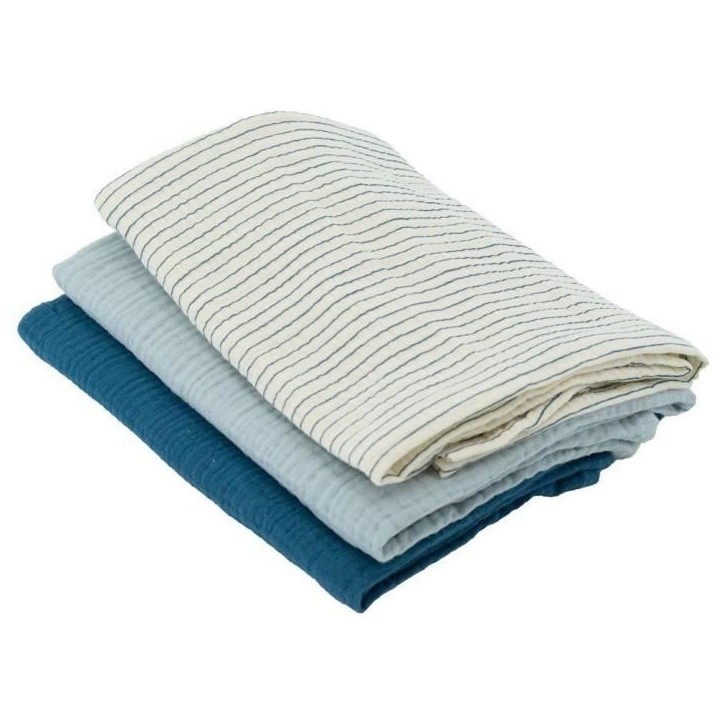 Lot de 3 langes Bambou - DOMIVA - 1 Imprimé + 2 Uni - Bleu indigo - 60x60 cm Lot de 3 langes Bambou - DOMIVA - 1 Imprimé + 2 Uni - Bleu indigo - 60x60 cm