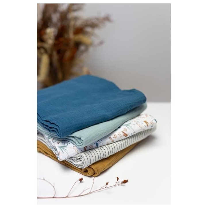 Lot de 3 langes Bambou - DOMIVA - 1 Imprimé + 2 Uni - Bleu indigo - 60x60 cm Lot de 3 langes Bambou - DOMIVA - 1 Imprimé + 2 Uni - Bleu indigo - 60x60 cm