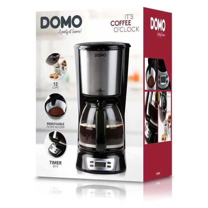 Cafetiere Filtre - DOMO - DO708K - 1000 W - 1,5 L - 12 tasses - Ecran LCD - Minuteur 24 h - Noir et acier inoxydable Cafetiere Filtre - DOMO - DO708K - 1000 W - 1,5 L - 12 tasses - Ecran LCD - Minuteur 24 h - Noir et acier inoxydable