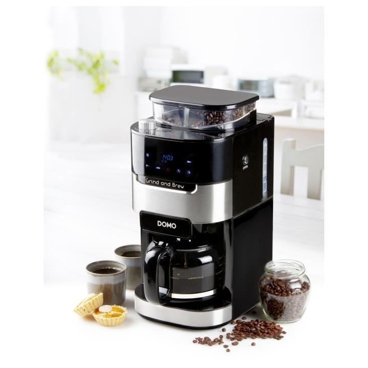 Cafetiere filtre avec moulin intégré - DOMO - DO721K - 900 W - 1,5 L - 12 tasses - 200 g de grains - Ecran LCD - 3 intensités