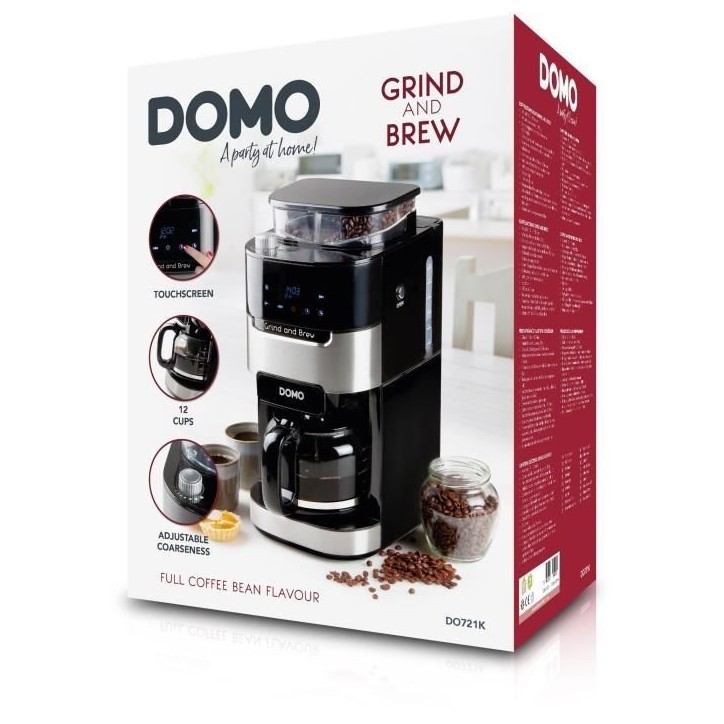 Cafetiere filtre avec moulin intégré - DOMO - DO721K - 900 W - 1,5 L - 12 tasses - 200 g de grains - Ecran LCD - 3 intensités