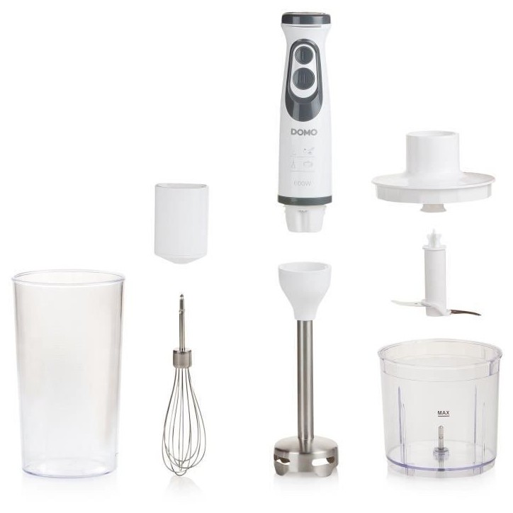 Ensemble Mixeur - DOMO - DO1089M - 600 W - Vitesse variable + Turbo - Mixeur plongeur, fouet, hachoir, verre gradué - Blanc