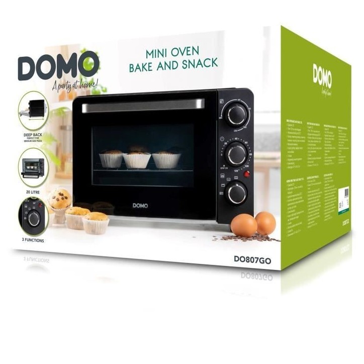 Mini four électrique DOMO DO807GO - 20 L - noir - chaleur haut et bas - minuterie 120 min - 1300W Mini four électrique DOMO DO807GO - 20 L - noir - chaleur haut et bas - minuterie 120 min - 1300W