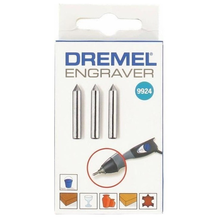Lot de 3 Pointes Carbure DREMEL 9924 (Gravure sur Bois, Métaux, Plastiques pour Graveur Dremel 290) Lot de 3 Pointes Carbure DREMEL 9924 (Gravure sur Bois, Métaux, Plastiques pour Graveur Dremel 290)