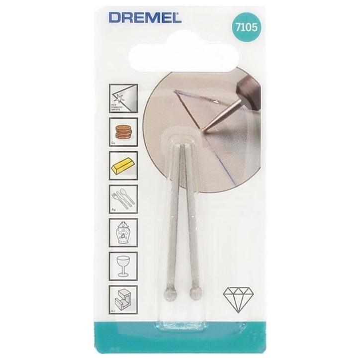 DREMEL - Lot de 2 pointes diamantées 4,4mm 7105 - Pour bois, céramique, verre et pierres semi-précieuses