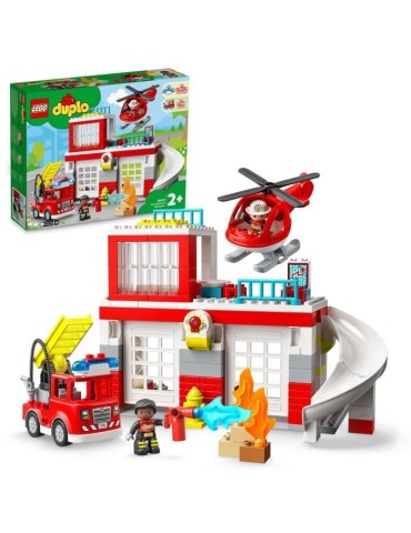 LEGO 10970 DUPLO La Caserne Et L'Hélicoptere des Pompiers, Jouet de Camion, Motricité, Grandes Briques, Cadeau Enfants Des 2 A