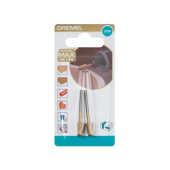 Lot de 2 fraises acier rapide haute longévité Dremel Max 117 - ø 6,4mm bout rond Lot de 2 fraises acier rapide haute longévité Dremel Max 117 - ø 6,4mm bout rond