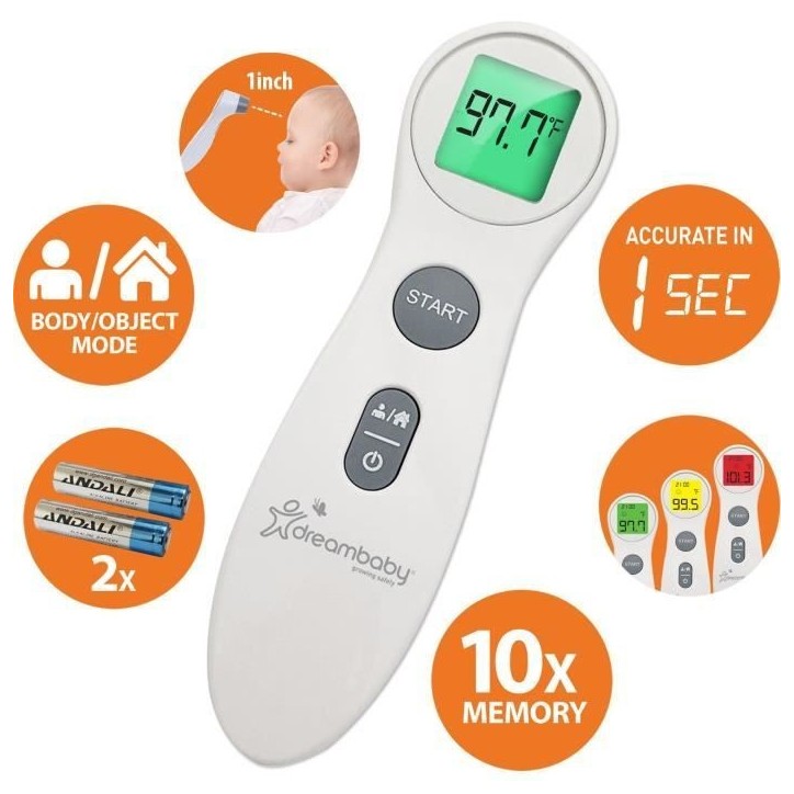 Thermometre frontal numérique - DREAMBABY - Infrarouge sans contact - Mesure de la température de la fievre - Pour bébés et Thermometre frontal numérique - DREAMBABY - Infrarouge sans contact - Mesure de la température de la fievre - Pour bébés et
