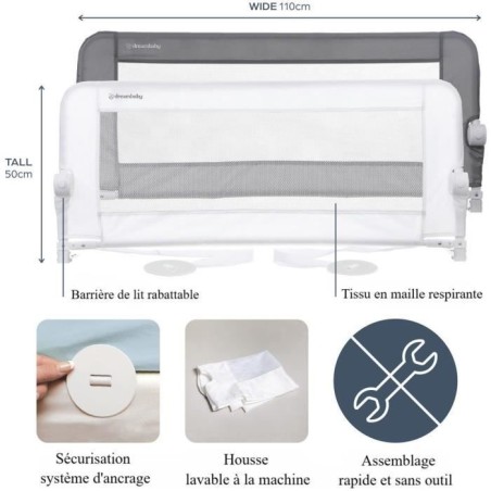 Barriere de lit Dreambaby Maggie - lits encastrés et aux lits plats- Mesurant 110 cm de large et 50 cm de haut
