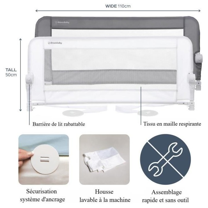 Barriere de lit Dreambaby Maggie - lits encastrés et aux lits plats- Mesurant 110 cm de large et 50 cm de haut Barriere de lit Dreambaby Maggie - lits encastrés et aux lits plats- Mesurant 110 cm de large et 50 cm de haut