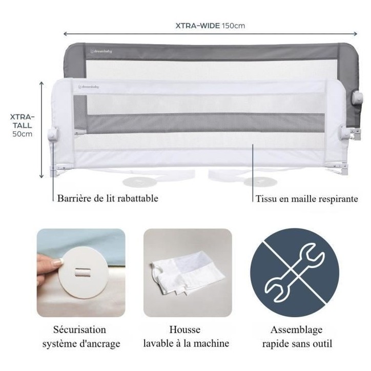 Barriere de lit Dreambaby Nicole - lits encastrés et aux lits plats- Mesurant 150 cm de large et 50 cm de haut - Gris Barriere de lit Dreambaby Nicole - lits encastrés et aux lits plats- Mesurant 150 cm de large et 50 cm de haut - Gris