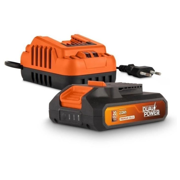 Batterie et Chargeur - Dual Power - POWDP90620 - Batterie 2,0Ah de 20V et chargeur 2A - Pour outils de bricolage sans Fil de 20V