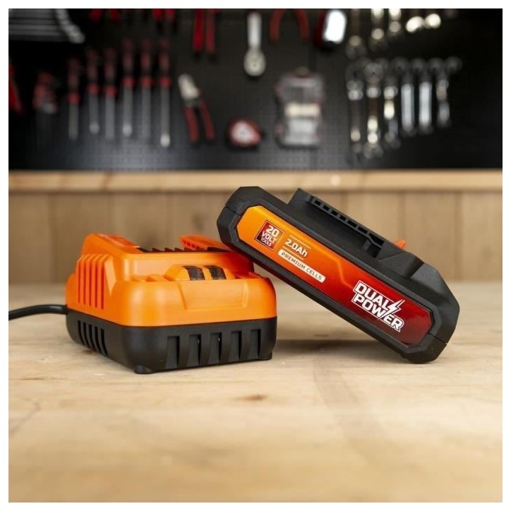 Batterie et Chargeur - Dual Power - POWDP90620 - Batterie 2,0Ah de 20V et chargeur 2A - Pour outils de bricolage sans Fil de 20V