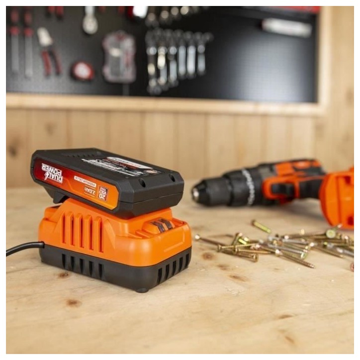 Batterie et Chargeur - Dual Power - POWDP90620 - Batterie 2,0Ah de 20V et chargeur 2A - Pour outils de bricolage sans Fil de 20V