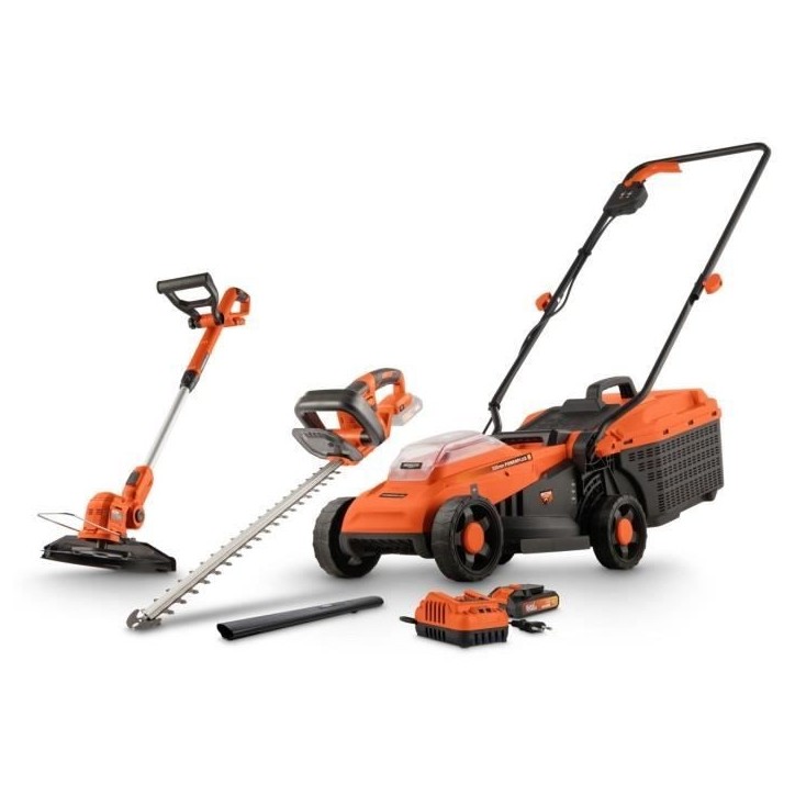 Pack Tondeuse BRUSHLESS 20V 33cm de coupe + coupe-bordures + taille-haies - DUAL POWER - POWDPGBOX25 - 1 batterie 20V 3Ah + char