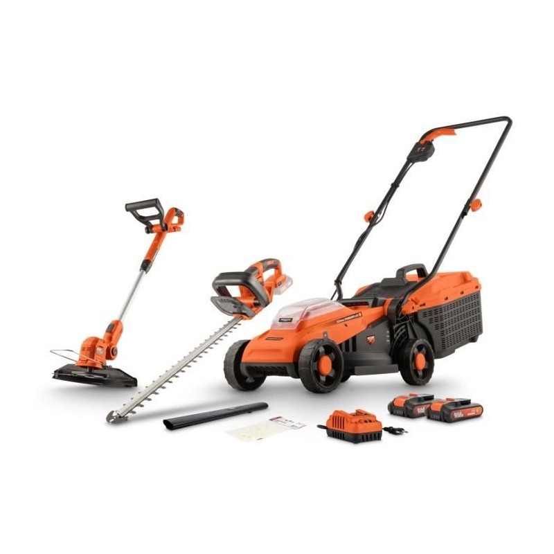 Pack Tondeuse BRUSHLESS 20V 33cm de coupe + coupe-bordures + taille-ha Pack Tondeuse BRUSHLESS 20V 33cm de coupe + coupe-bordures + taille-ha