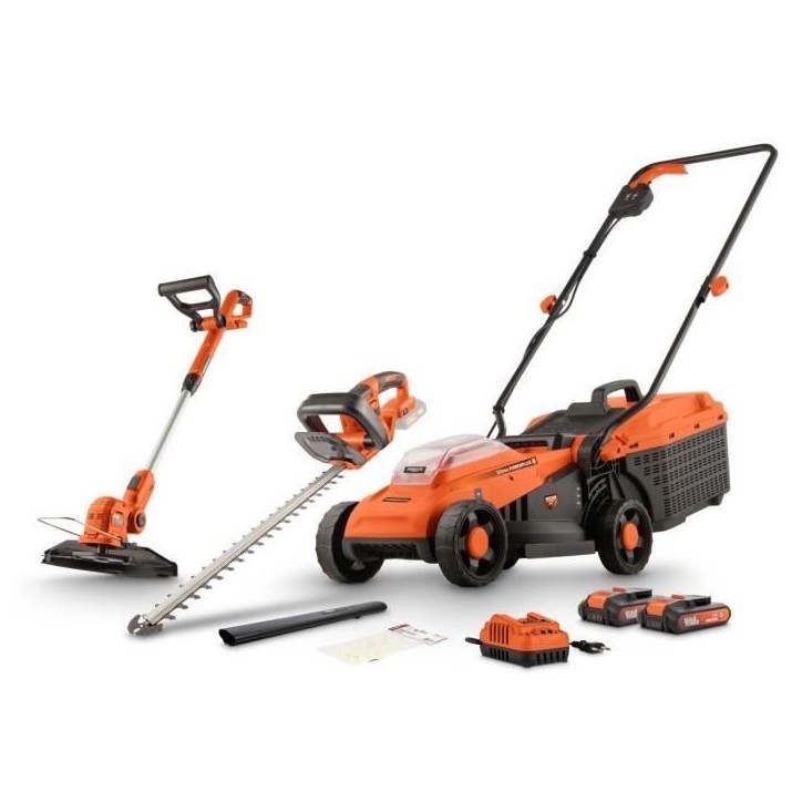 Pack Tondeuse BRUSHLESS 20V 33cm de coupe + coupe-bordures + taille-haies - DUAL POWER POWDPGBOX25A - 2 batteries 20V 3Ah + char