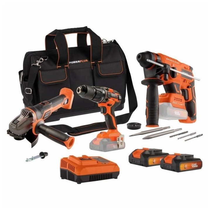 Pack 3 outils - DUAL POWER - 20 V - Perceuse/visseuse + meuleuse d'angle + marteau perforateur - 2 batteries et chargeur - Sac