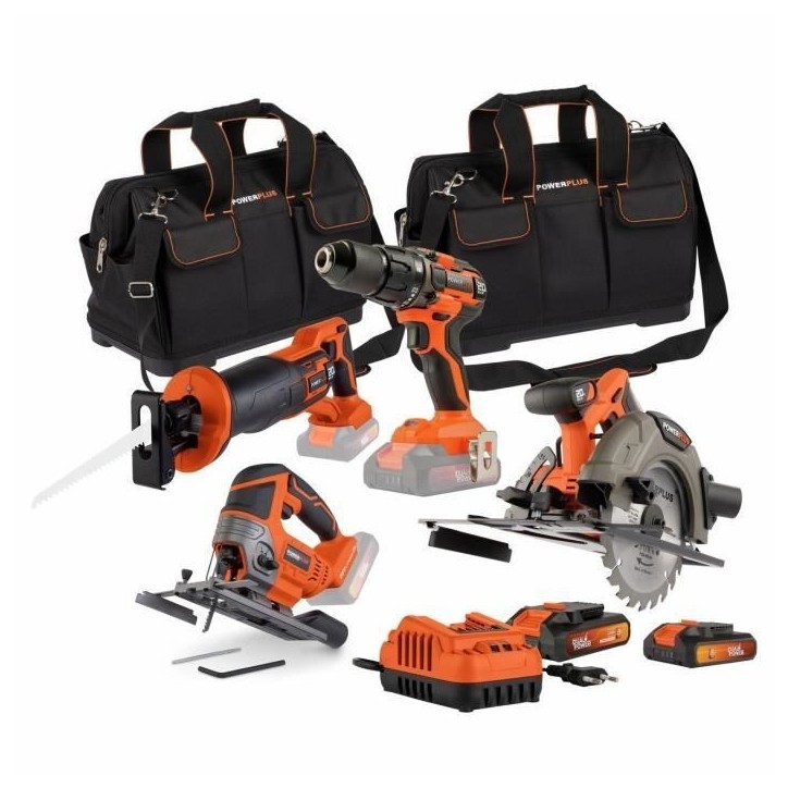 Pack 4 outils - DUAL POWER - 20 V - Perceuse/visseuse + scies (sauteuse, sabre, circulaire) - 2 batteries et chargeur