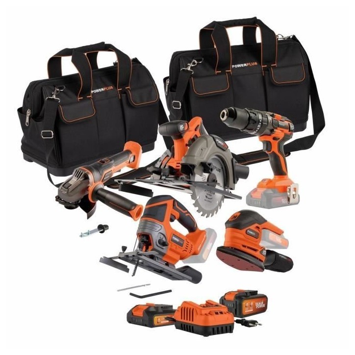 Pack 4 outils - DUAL POWER - 20 V - Perceuse/visseuse + meuleuse d'angle + ponceuse a main + scie circulaire - 2 batteries