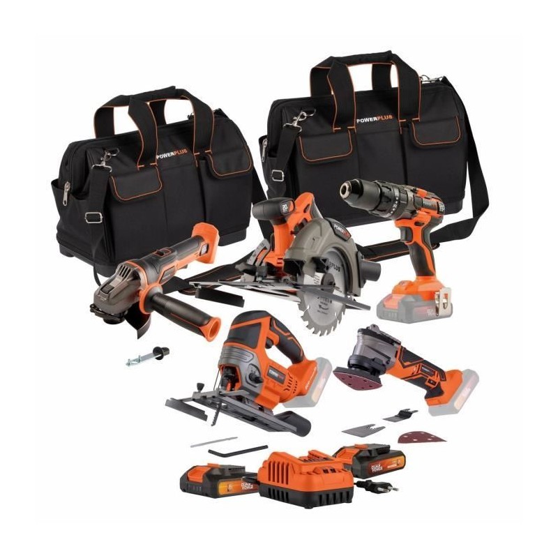Pack 5 outils - DUAL POWER - 20 V - Perceuse/visseuse + meuleuse d'ang Pack 5 outils - DUAL POWER - 20 V - Perceuse/visseuse + meuleuse d'ang