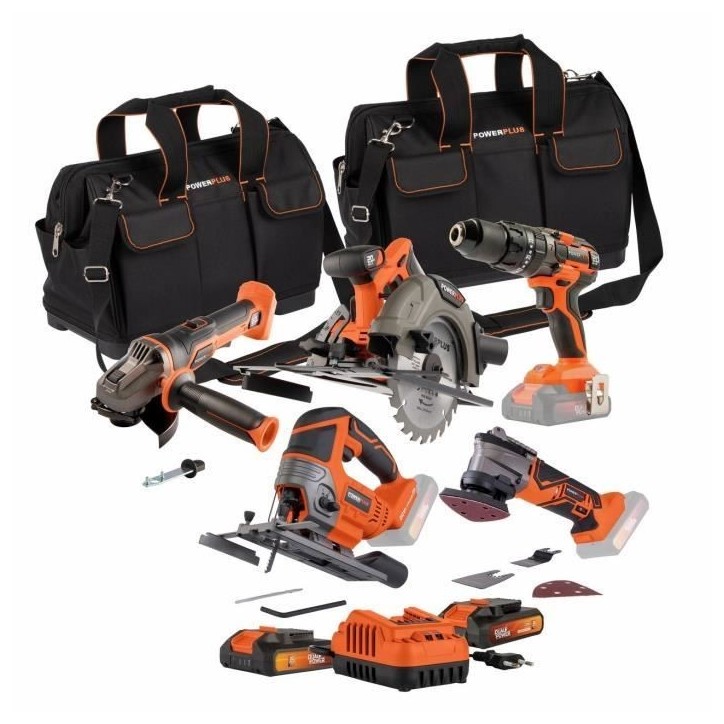 Pack 5 outils - DUAL POWER - 20 V - Perceuse/visseuse + meuleuse d'angle + multi outil oscillant + scies (circulaire, sauteuse)