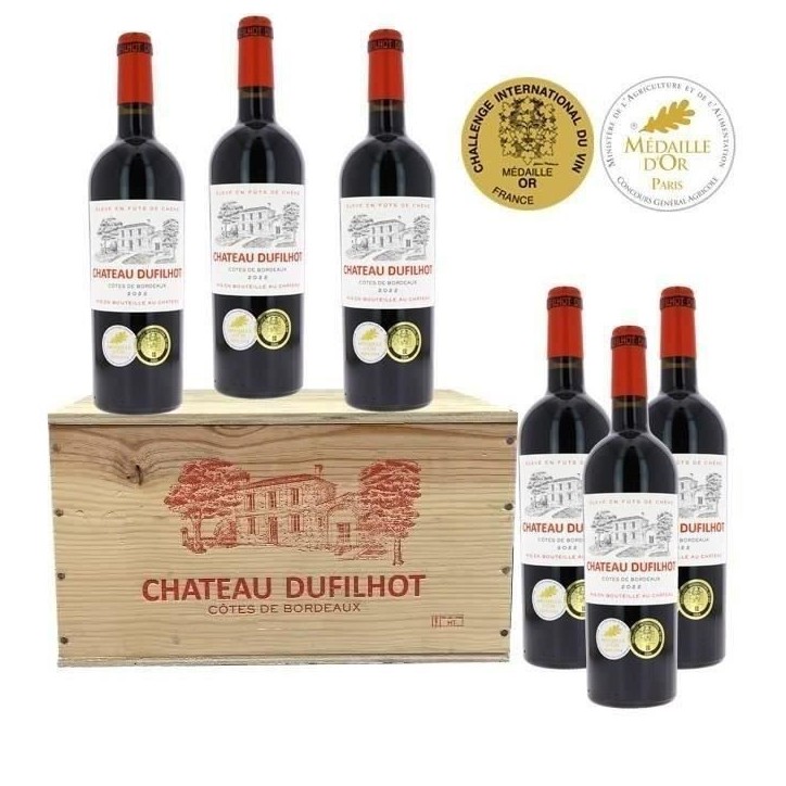 Château Dufilhot 2023 Côtes de Bordeaux - Vin rouge lot de 6 bouteilles en Caisse bois