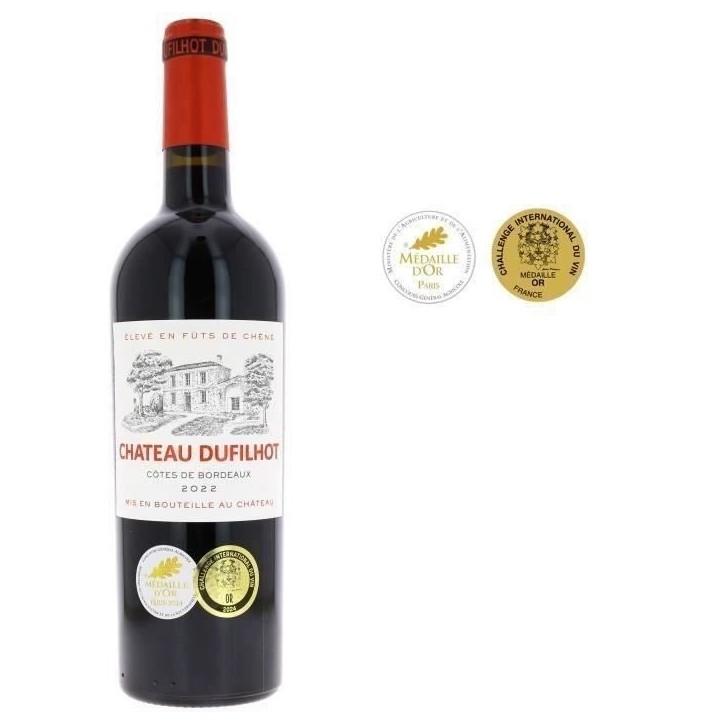 Château Dufilhot 2023 Côtes de Bordeaux - Vin rouge lot de 6 bouteilles en Caisse bois