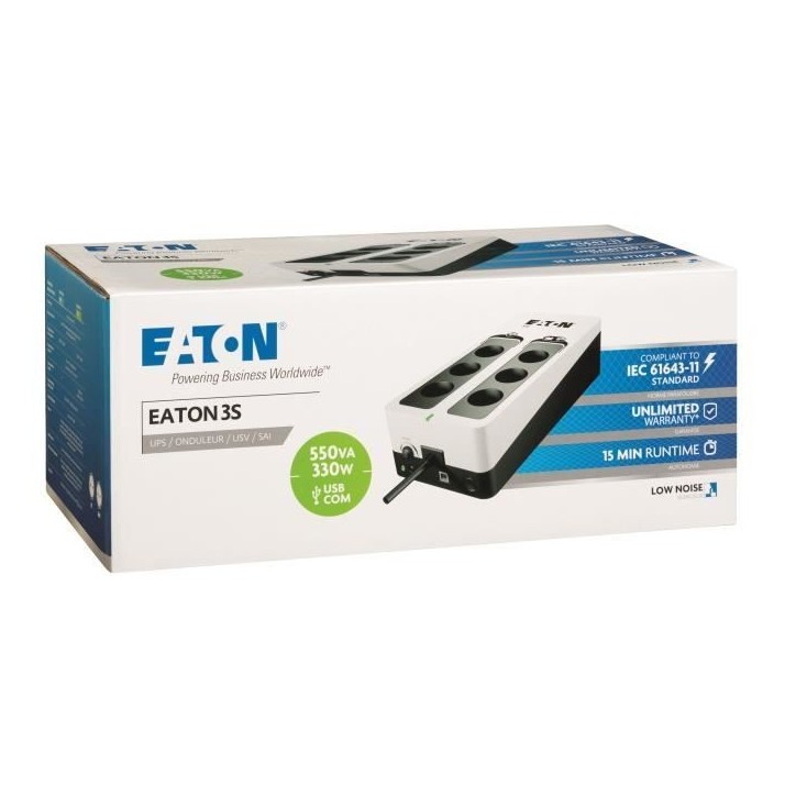 Onduleur Eaton ONDULEUR - Off-line UPS - 3S550F - 550VA (6 prises FR) Onduleur Eaton ONDULEUR - Off-line UPS - 3S550F - 550VA (6 prises FR)