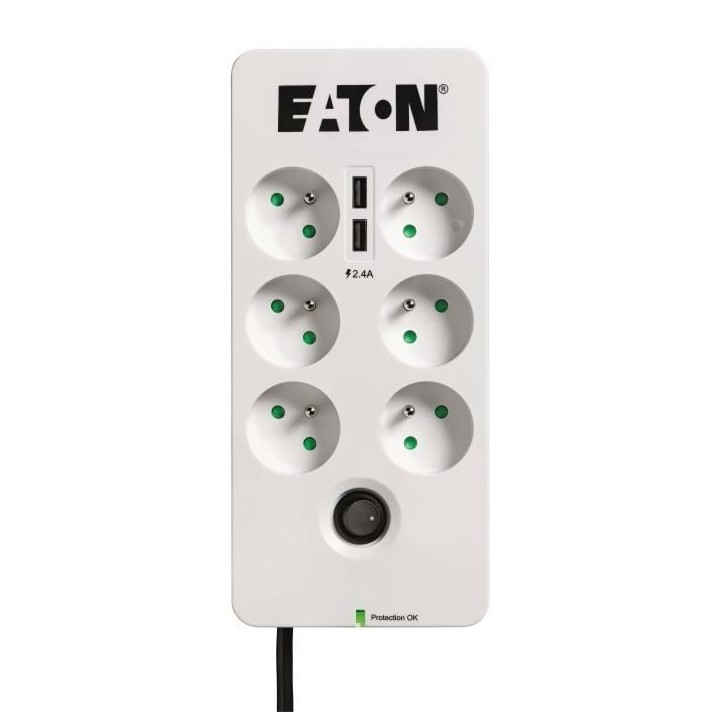 Multiprise/Parafoudre - EATON Protection Box 6 Tel USB FR - PB6TUF - 6 prises FR + 1 prise tel/RJ + 2 ports USB - Blanc & Noir Multiprise/Parafoudre - EATON Protection Box 6 Tel USB FR - PB6TUF - 6 prises FR + 1 prise tel/RJ + 2 ports USB - Blanc & Noir