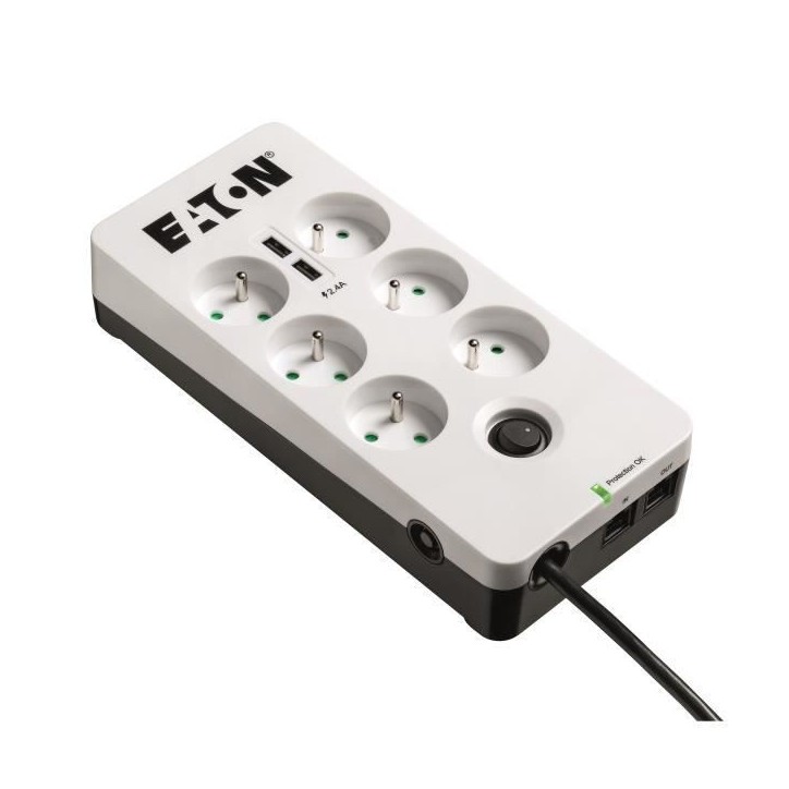 Multiprise/Parafoudre - EATON Protection Box 6 Tel USB FR - PB6TUF - 6 prises FR + 1 prise tel/RJ + 2 ports USB - Blanc & Noir Multiprise/Parafoudre - EATON Protection Box 6 Tel USB FR - PB6TUF - 6 prises FR + 1 prise tel/RJ + 2 ports USB - Blanc & Noir