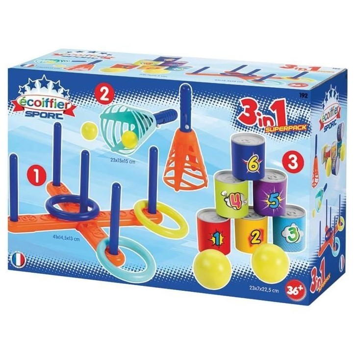Jeu d'adresse - ECOIFFIER - Pack 3 Sports - Chamboule tout, Jeu de croix, Lance-balles Jeu d'adresse - ECOIFFIER - Pack 3 Sports - Chamboule tout, Jeu de croix, Lance-balles