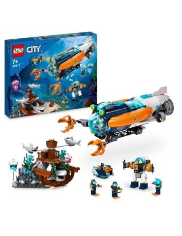 LEGO City 60379 Le Sous-Marin d'Exploration en Eaux Profondes, Jouet avec Plongeur, et Requin