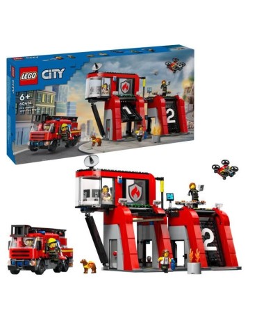 LEGO 60414 City La Caserne et le Camion de Pompiers, Jouet de Figurine de Chien et 5 Minifigurines, Cadeau Enfants