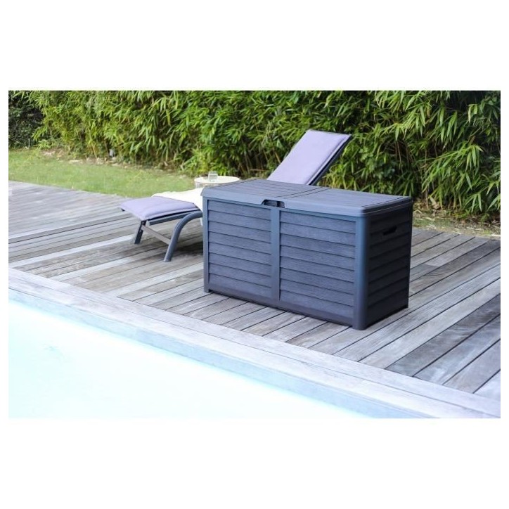 EDA Coffre de jardin BAYA en Plastique 420 litres - Décor imitation bois - Gris anthracite - Fabriqué en France EDA Coffre de jardin BAYA en Plastique 420 litres - Décor imitation bois - Gris anthracite - Fabriqué en France