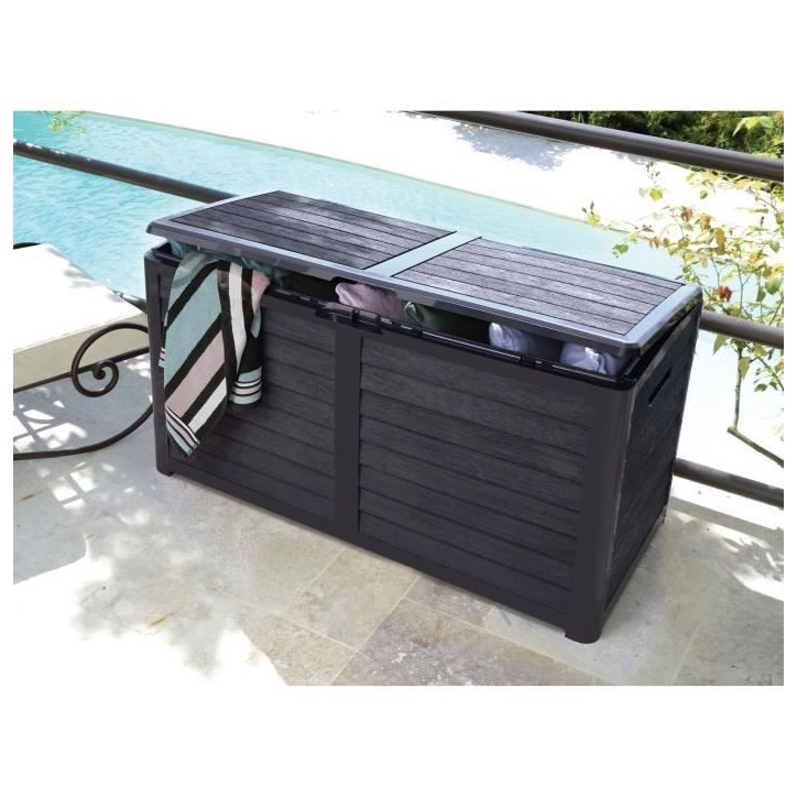 EDA Coffre de jardin BAYA en Plastique 420 litres - Décor imitation bois - Gris anthracite - Fabriqué en France EDA Coffre de jardin BAYA en Plastique 420 litres - Décor imitation bois - Gris anthracite - Fabriqué en France