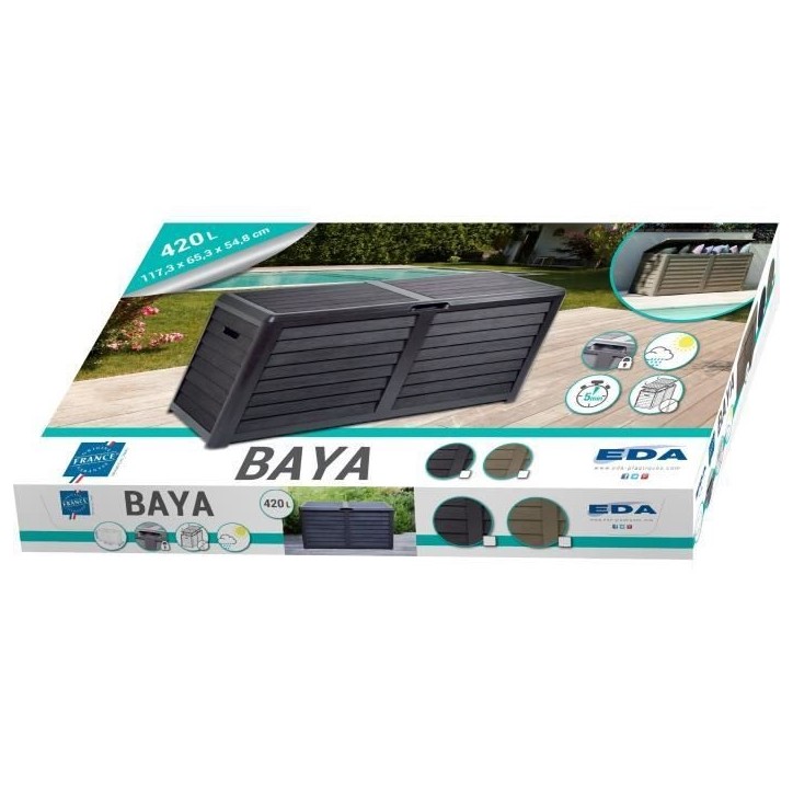 EDA Coffre de jardin BAYA en Plastique 420 litres - Décor imitation bois - Gris anthracite - Fabriqué en France EDA Coffre de jardin BAYA en Plastique 420 litres - Décor imitation bois - Gris anthracite - Fabriqué en France
