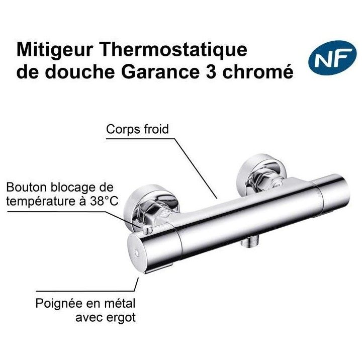 Mitigeur thermostatique de douche - EDOUARD ROUSSEAU - Garance 3 - Corps froid - Adapté a toute production d'eau chaude - Chrom Mitigeur thermostatique de douche - EDOUARD ROUSSEAU - Garance 3 - Corps froid - Adapté a toute production d'eau chaude - Chrom